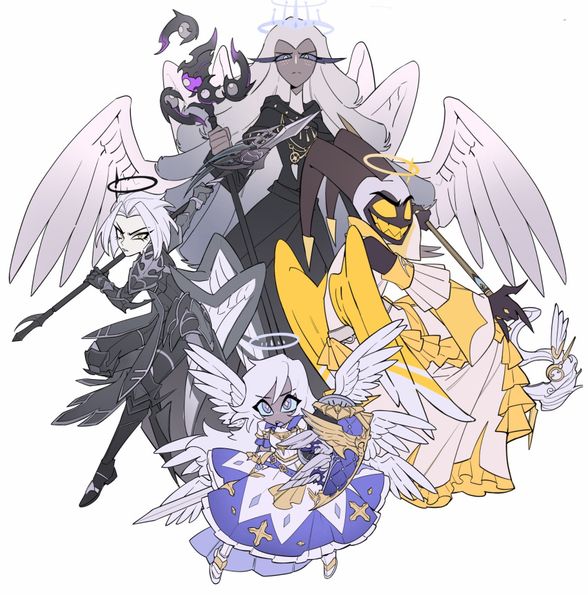 1boy, 3girls, adam_(hazbin_hotel), amykem, angel, angel_wings, armor, armored_dress