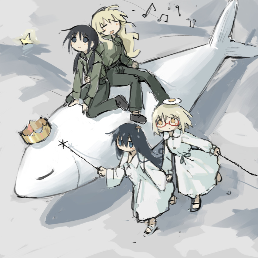 4girls, beamed_eighth_notes, black_eyes, black_hair, blonde_hair, blue_eyes, breasts, chito_(shoujo_shuumatsu_ryokou)
