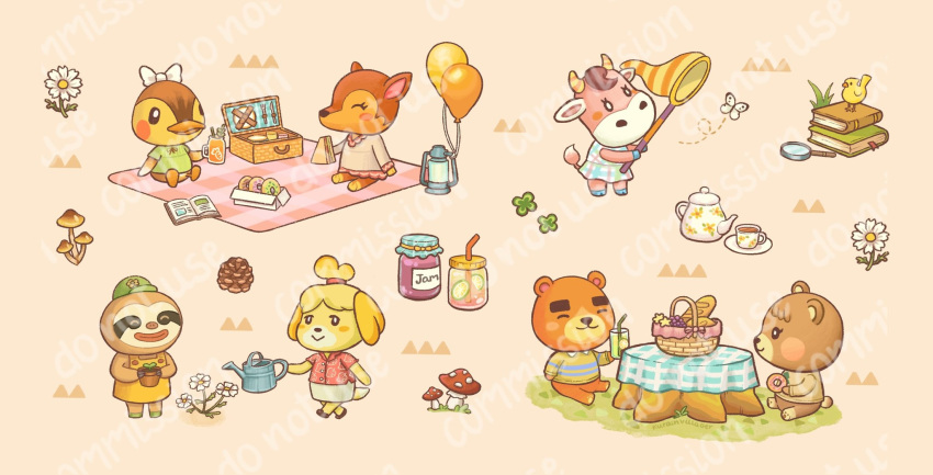 2boys, 5girls, :3, ^_^, animal_crossing, apron, baguette, balloon