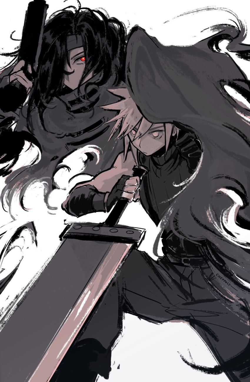 2boys, belt, black_belt, black_gloves, black_hair, black_pants, bright_pupils, buster_sword