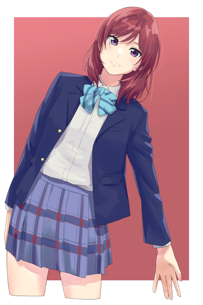 1girl, absurdres, blue_bow, blue_bowtie, blue_jacket, blue_skirt, border, bow, bowtie, collared_shirt, commentary, commentary_request, cropped_legs, highres, jacket, leaning_to_the_side, long_sleeves, looking_at_viewer, love_live!, love_live!_school_idol_project, medium_hair, nishikino_maki, open_clothes, open_jacket, otonokizaka_school_uniform, outside_border, pleated_skirt, red_background, redhead, s_sho_mkrn, school_uniform, shirt, sidelocks, skirt, smile, solo, striped_bow, striped_bowtie, striped_clothes, upper_body, violet_eyes, white_border, white_shirt, winter_uniform
