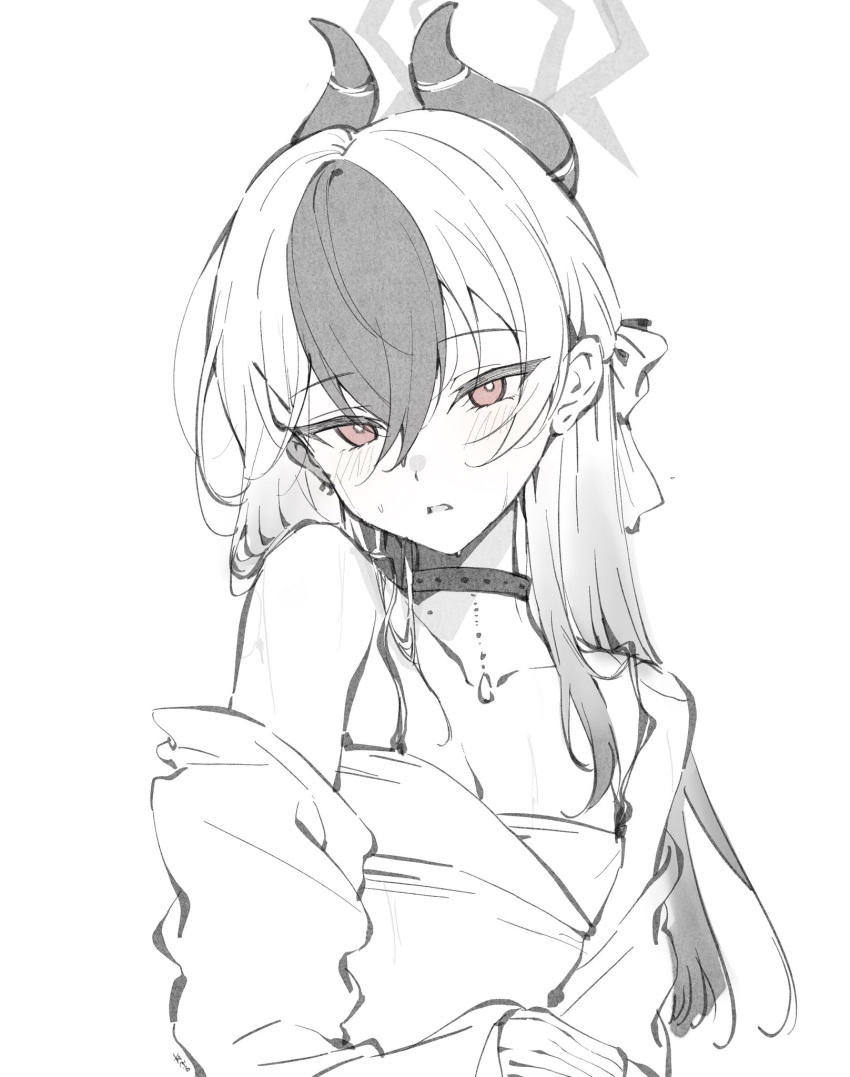 1girl, alternate_costume, alternate_hairstyle, bare_shoulders, black_choker, black_eyeliner, black_hair, black_horns, blue_archive, blush, choker, demon_horns, diamond_necklace, dress, ear_piercing, earclip, eyelashes, eyeliner, grey_halo, hair_between_eyes, halo, highres, horns, kayoko_(blue_archive), kayoko_(dress)_(blue_archive), long_hair, long_sleeves, looking_at_viewer, makeup, mole, mole_on_neck, monochrome, multicolored_hair, official_alternate_costume, official_alternate_hairstyle, open_clothes, piercing, simple_background, sleeveless, sleeveless_dress, solo, strapless, strapless_dress, sweat, sweatdrop, two-tone_hair, white_background, white_hair, you_guo_chaocai