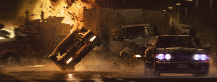 batman_(series), batmobile, blurry, car, car_crash, concept_art, dc_comics, explosion