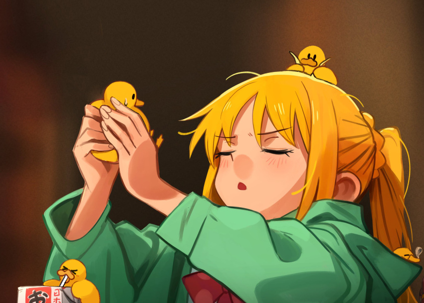 1girl, alcohol_carton, animal, arms_up, bird, blonde_hair, bocchi_the_rock!, bow, bowtie, closed_eyes, commentary, derivative_work, diva_(hyxpk), duck, english_commentary, fingernails, green_jacket, highres, holding, holding_animal, ijichi_nijika, jacket, khyle., long_hair, long_sleeves, meme, open_mouth, photo-referenced, ponytail, red_bow, red_bowtie, side_ponytail, solo, upper_body