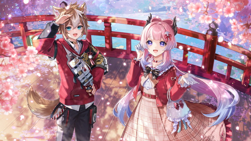 1boy, 1girl, absurdres, amaichi_esora, bag, beads, belt, black_bow, blue_hair, bow, bow-shaped_hair, colored_tips, dress, duplicate, falling_petals, genshin_impact, gloves, gorou_(genshin_impact), gorou_(sushiro)_(genshin_impact), half_gloves, handbag, highres, jacket, jewelry, light_blue_hair, long_hair, long_sleeves, looking_at_viewer, multicolored_hair, necklace, official_alternate_costume, open_mouth, outdoors, petals, red_belt, red_jacket, sangonomiya_kokomi, sangonomiya_kokomi_(sushiro), smile, striped_clothes, striped_dress, white_bag, white_gloves
