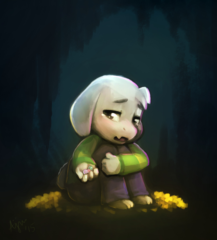 1boy, ajin_(ajinhdremix), animal_ears, artist_name, asriel_dreemurr, barefoot, blue_background, blue_pants