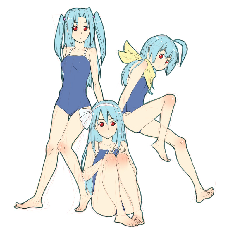 ahoge, aitatata!, barefoot, blue_hair, bow, feet, flat_chest, futaba_channel