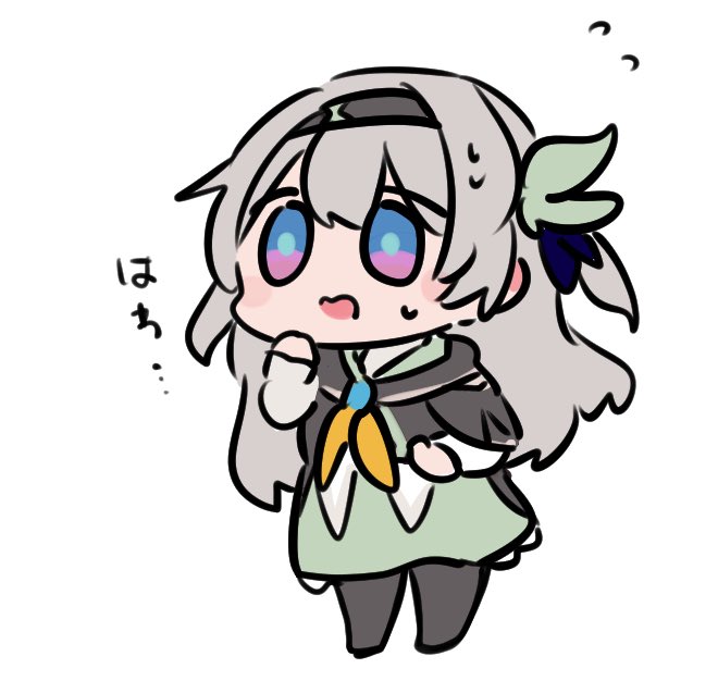 1girl, aqua_skirt, black_hairband, black_pantyhose, black_shirt, blush, chibi, commentary_request