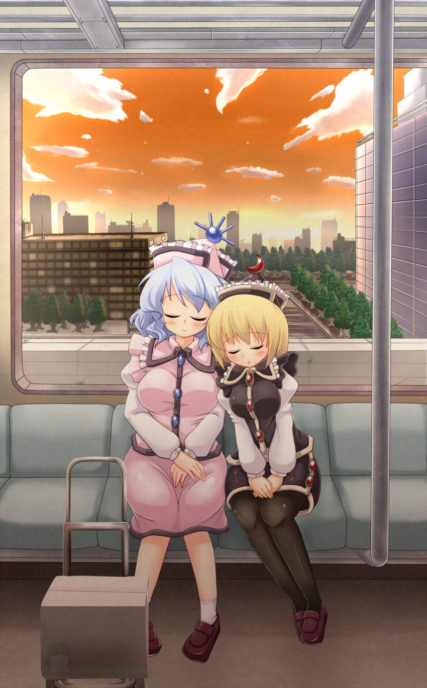 blonde_hair, building, chuuten_(tyuuten), closed_eyes, contemporary, hat, highres, landscape