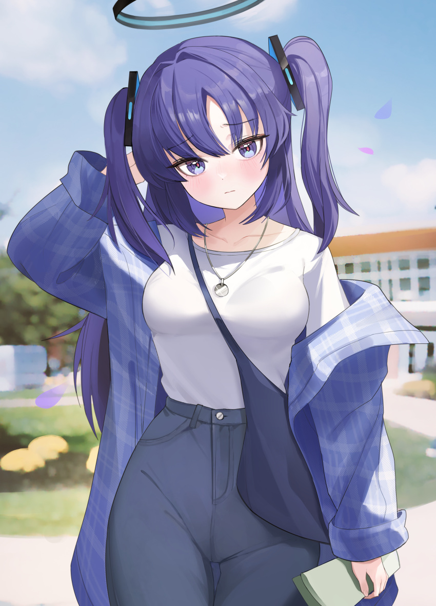 1girl, absurdres, alternate_costume, black_pants, blue_archive, blush, closed_mouth, cowboy_shot