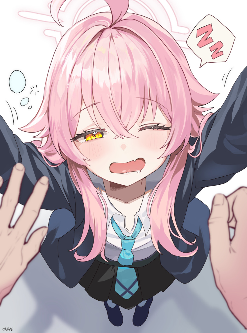 1girl, 1other, ahoge, black_jacket, black_skirt, blue_archive, blue_necktie, blush