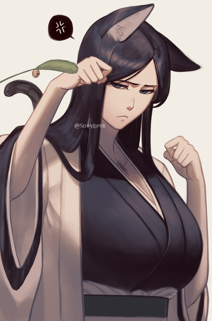 1girl, 50x48x48, anger_vein, animal_ear_fluff, animal_ears, bell, black_hair, bleach
