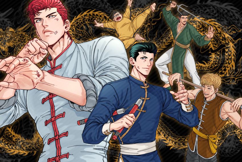 168broccoli, 5boys, arm_up, bandaid, bandaid_on_cheek, bandaid_on_face, black_eyes, black_hair