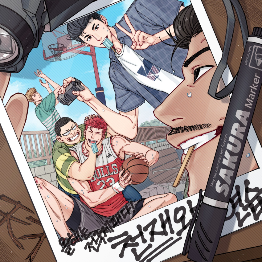 168broccoli, 5boys, ball, basketball_(object), basketball_hoop, black_eyes, black_hair, blonde_hair