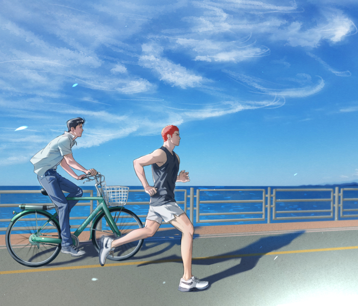 2boys, bicycle, black_hair, blue_sky, day, from_side, full_body, male_focus, mito_youhei, multiple_boys, nongnol234, ocean, outdoors, pompadour, profile, redhead, riding, riding_bicycle, running, sakuragi_hanamichi, shadow, sky, slam_dunk_(series)