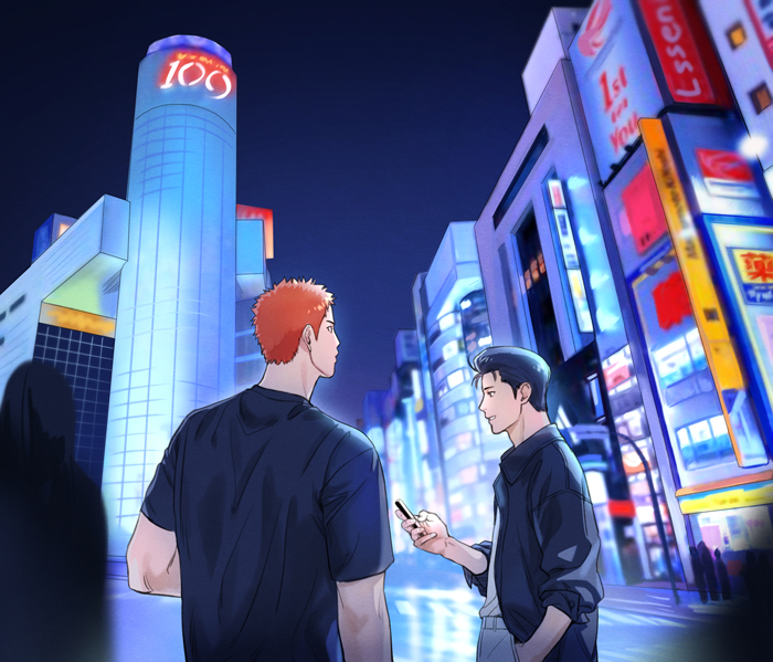 2boys, back, black_hair, building, city_lights, hand_in_pocket, holding, holding_phone, looking_up, male_focus, mito_youhei, multiple_boys, neon_lights, night, nongnol234, outdoors, phone, pompadour, profile, redhead, sakuragi_hanamichi, slam_dunk_(series), upper_body