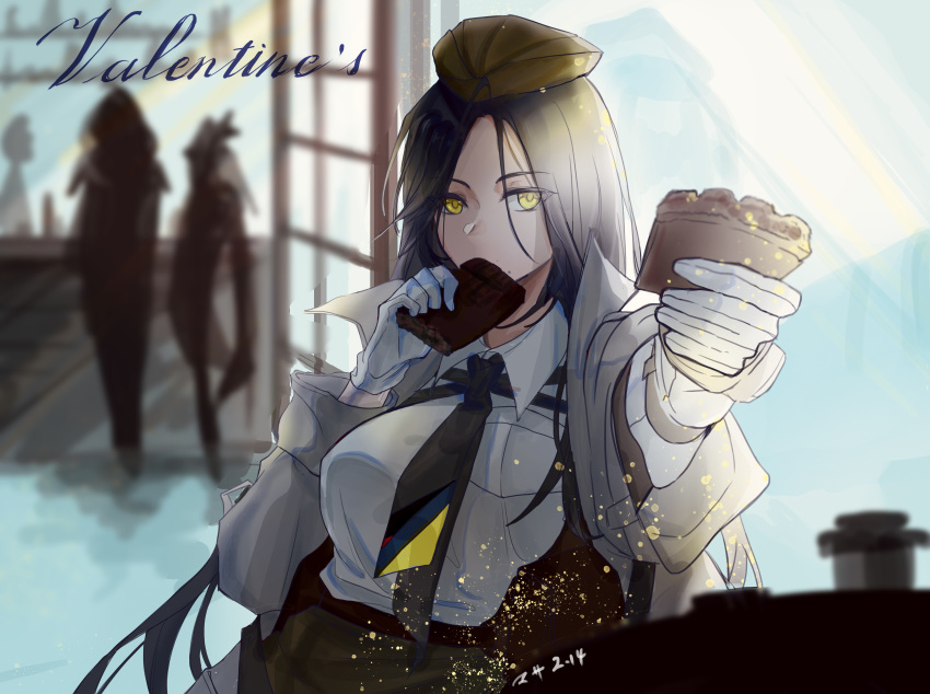 absurdres, ar-18_(girls'_frontline), black_hair, black_necktie, chocolate, food_in_mouth, girls_frontline, gloves