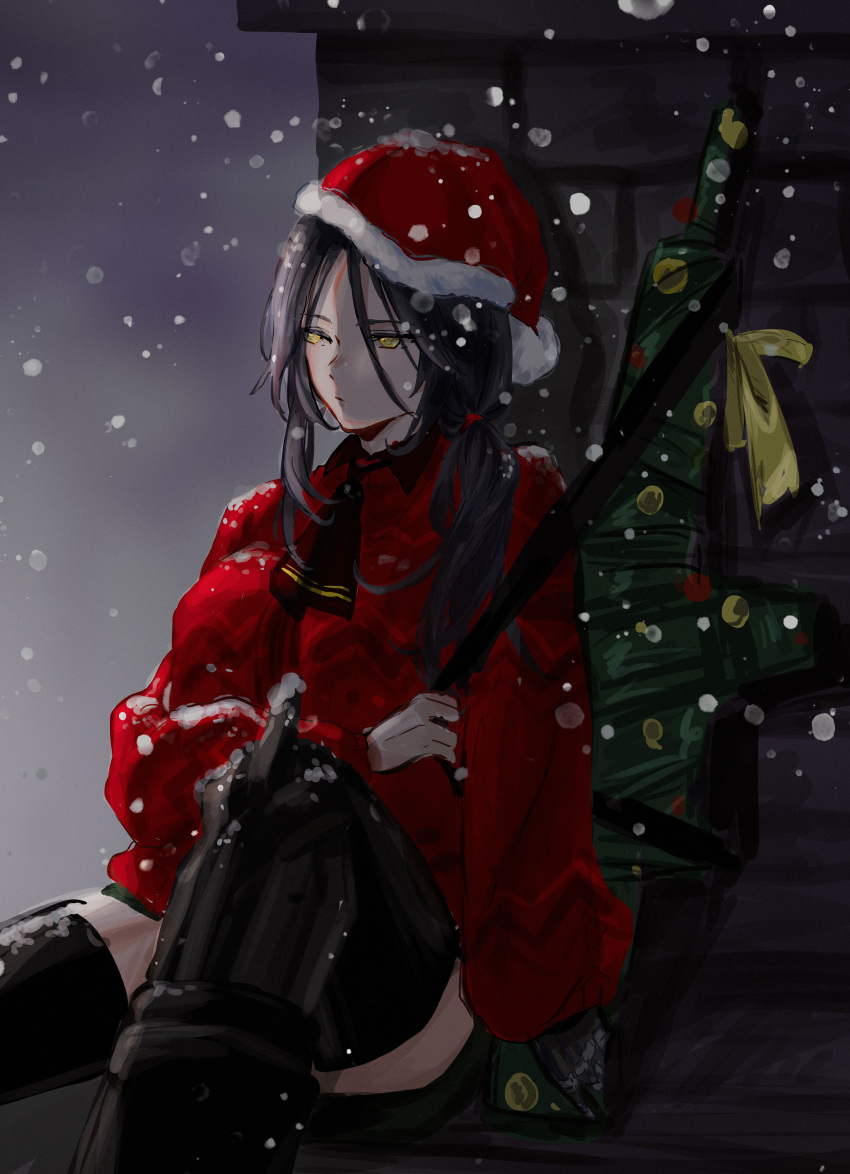 1girl, absurdres, against_wall, ar-18_(girls'_frontline), black_hair, black_necktie, christmas_tree, cloak