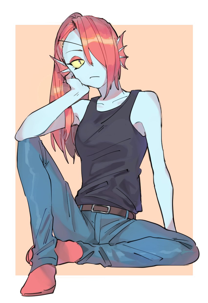 1girl, apple_mii46, bare_arms, bare_shoulders, belt, black_tank_top, blue_pants, blue_skin