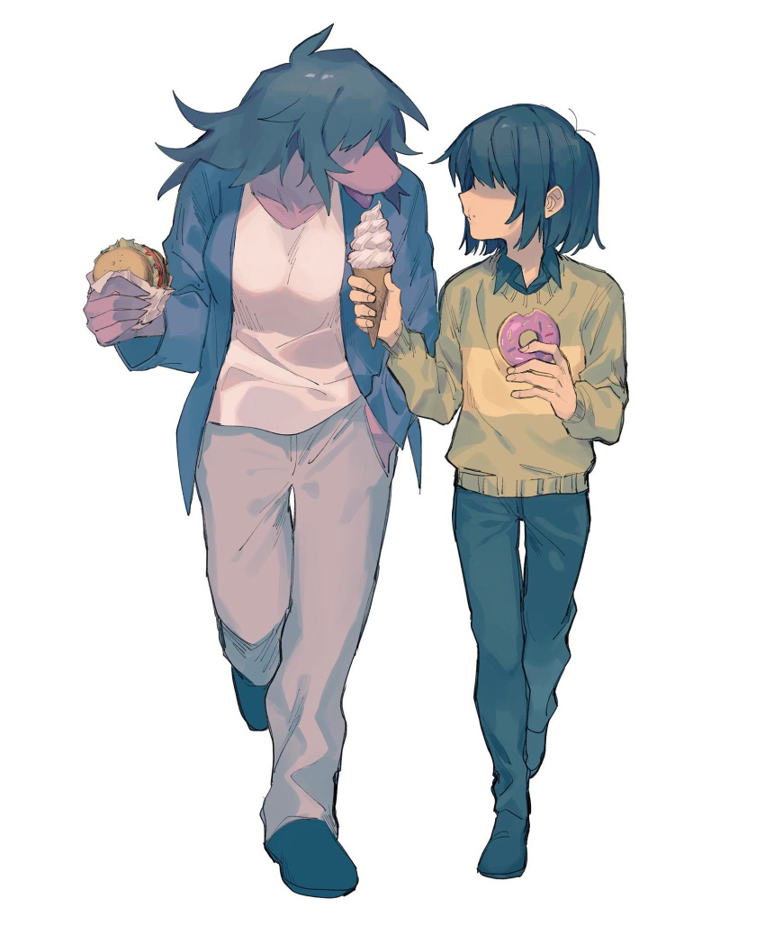 1girl, 1other, :t, ahoge, androgynous, apple_mii46, black_footwear, black_hair, black_pants, blue_jacket, burger, collarbone, colored_skin, commentary, covered_eyes, deltarune, doughnut, eating, facing_another, food, full_body, furry, furry_female, green_sweater, grey_pants, hair_over_eyes, hand_in_pocket, highres, holding, holding_food, holding_ice_cream, ice_cream, ice_cream_cone, jacket, kris_(deltarune), licking, loafers, long_sleeves, medium_hair, open_clothes, open_jacket, pants, pink_skin, shaded_face, sharing_food, shirt, shoes, short_hair, simple_background, snout, susie_(deltarune), sweater, tongue, tongue_out, walking, white_background, white_shirt