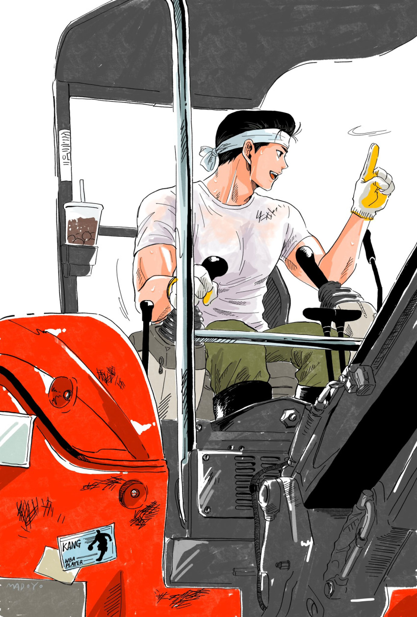 1boy, bandana, black_eyes, black_hair, driving, feet_out_of_frame, gloves, highres, madoyo0000, male_focus, mito_youhei, on_vehicle, pompadour, shirt, simple_background, slam_dunk_(series), smile, solo, white_background, white_gloves, white_headwear, white_shirt