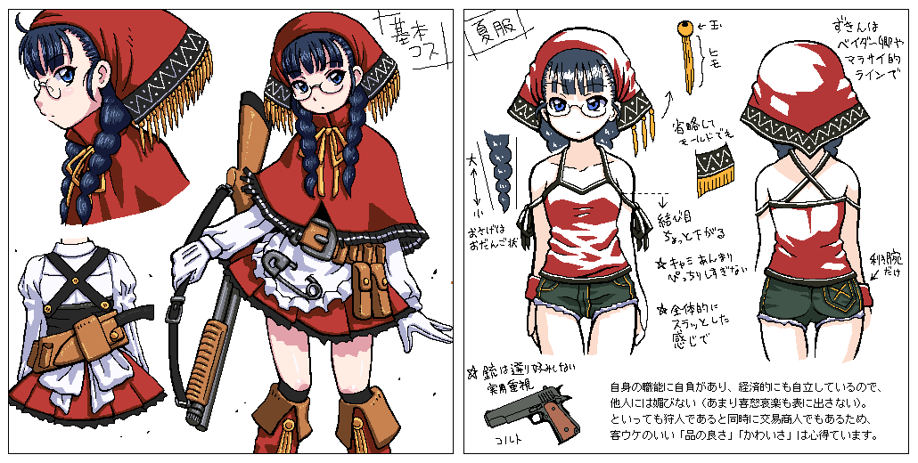 blue_eyes, braid, character_sheet, glasses, gloves, grimm's_fairy_tales, gun, hood, hot_pants, johnnie, little_red_riding_hood, little_red_riding_hood_(character), little_red_riding_hood_(grimm), short_shorts, shorts, shotgun, translation_request, turnaround, twintails, weapon