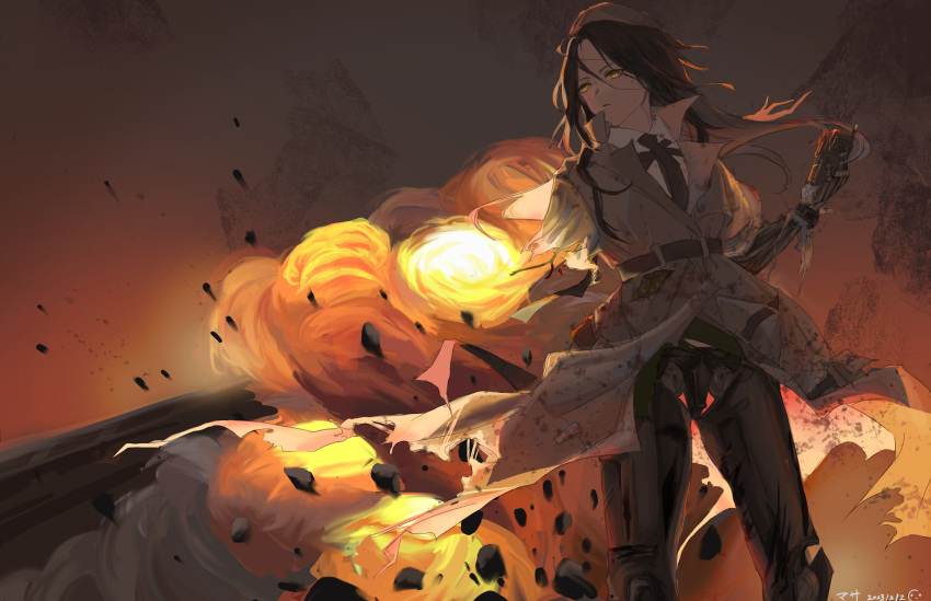 1girl, absurdres, ar-18_(girls'_frontline), belt, black_hair, black_necktie, broken_arm, explosion