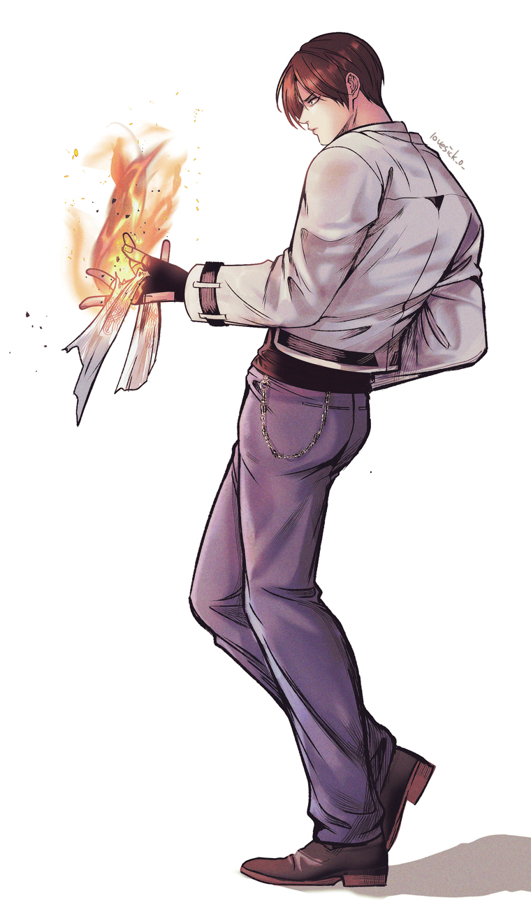1boy, boots, brown_hair, curtained_hair, denim, fingerless_gloves, fire, gloves