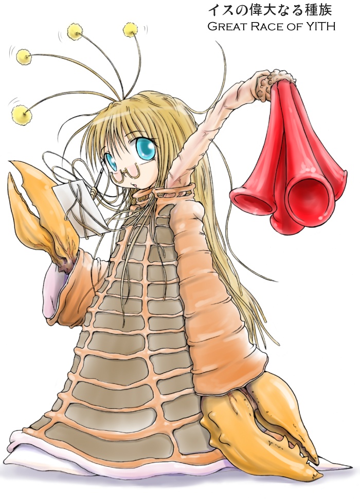 blonde_hair, blue_eyes, claws, glasses, great_race_of_yith, lovecraft, monster_girl, personification, prehensile_hair, writing