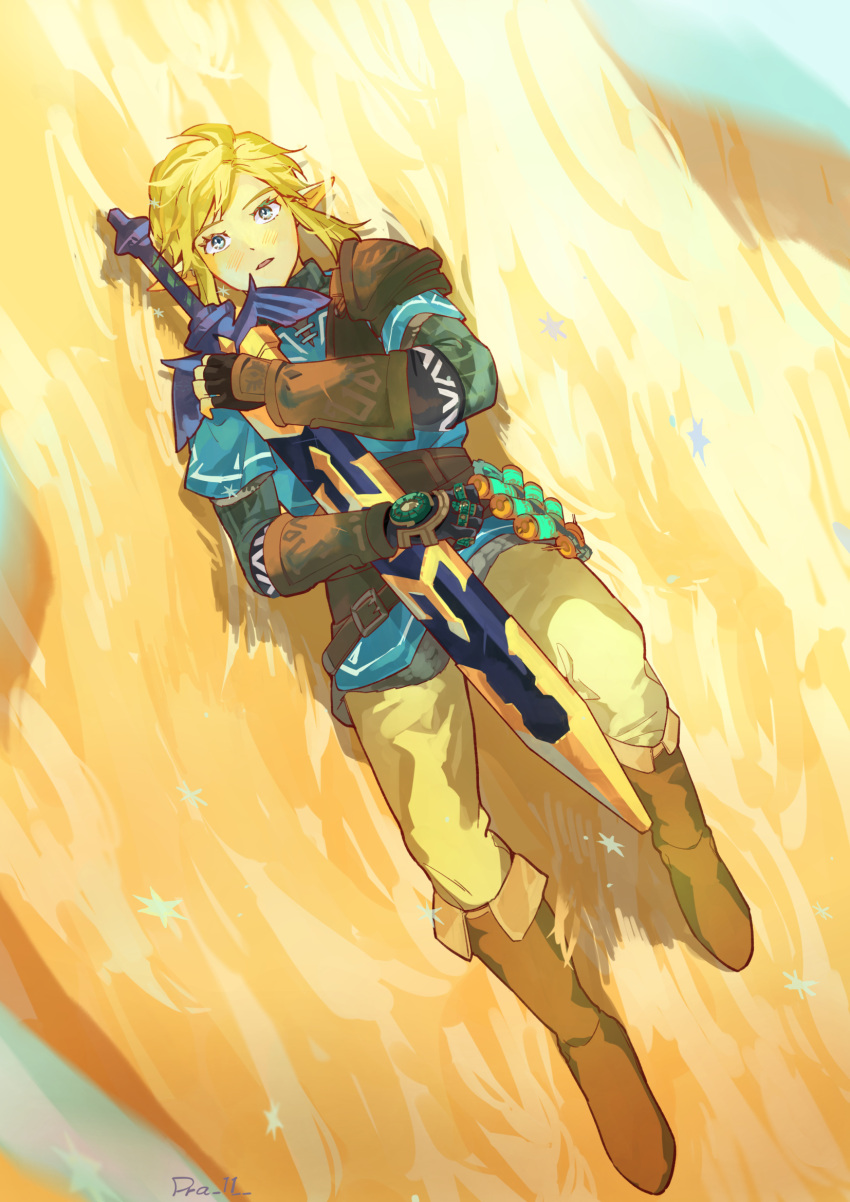 1boy, arm_guards, armor, artist_name, belt, belt_buckle, black_gloves, blonde_hair