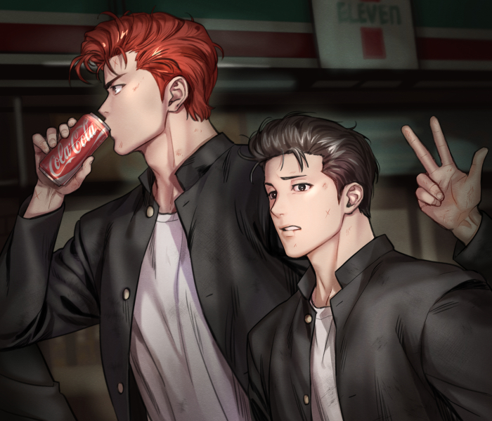 2boys, 7-eleven, black_hair, bruise, bruise_on_face, can, coca-cola, dirty