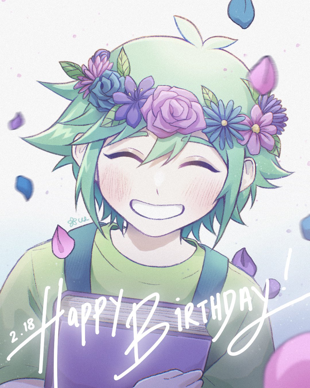 1boy, basil_(headspace)_(omori), basil_(omori), blush, book, closed_eyes, flower, green_hair, green_shirt, grin, happy_birthday, head_wreath, highres, holding, holding_book, nacchee1, omori, parted_lips, shirt, short_hair, short_sleeves, smile, solo, teeth, upper_body