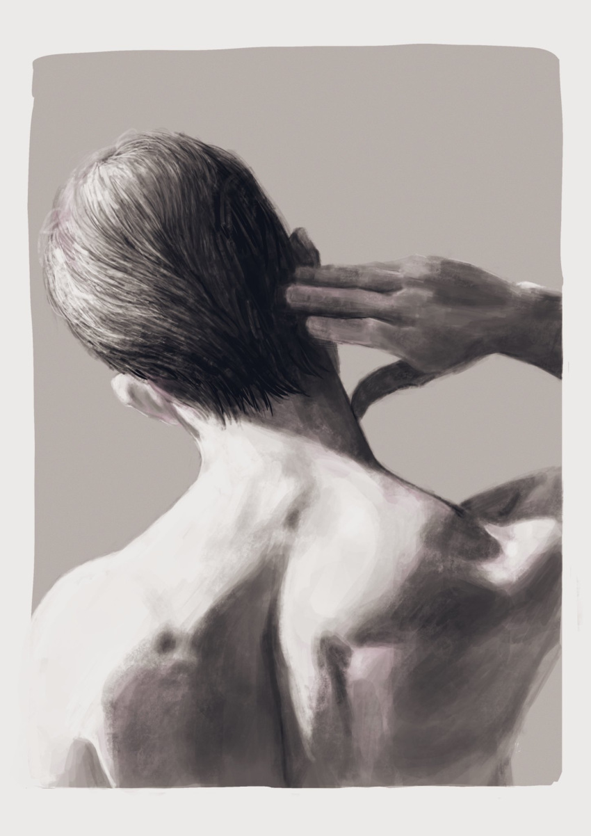 1boy, back, back_focus, greyscale, hand_on_own_neck, highres, k05062688, male_focus