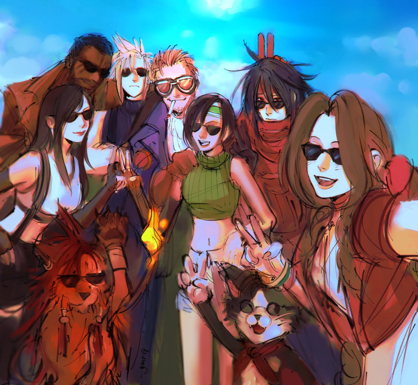 3girls, 6+boys, aerith_gainsborough, barret_wallace, black_hair, blonde_hair, brown_hair, cait_sith_(ff7), cape, cid_highwind, cigarette, cloak, cloud_strife, crop_top, crossed_arms, crown, dark-skinned_male, dark_skin, final_fantasy, final_fantasy_vii, final_fantasy_vii_rebirth, final_fantasy_vii_remake, goggles, group_picture, highres, multiple_boys, multiple_girls, red_xiii, redhead, scar, selfie, sleeveless, sleeveless_turtleneck, smile, sunglasses, tifa_lockhart, turtleneck, v, vincent_valentine, waving, ymr18, yuffie_kisaragi