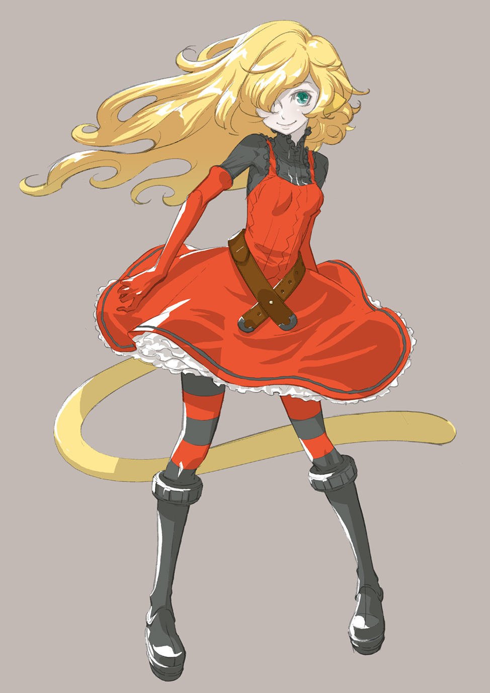 blonde_hair, boots, gloves, green_eyes, hair_over_one_eye, highres, original, pantyhose