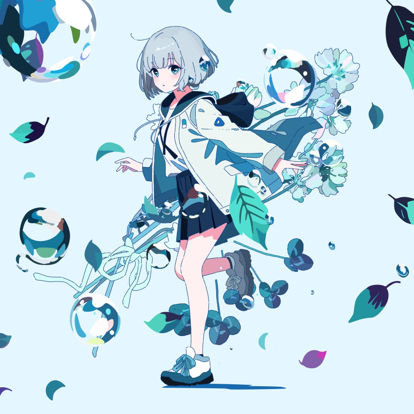 1girl, absurdres, black_ribbon, black_skirt, blue_eyes, blue_flower, blue_footwear, blue_skirt, blue_theme, blunt_bangs, bob_cut, clover, commentary_request, dot_mouth, drawstring, flower, from_side, full_body, grey_hair, highres, hood, hood_down, hooded_jacket, illmaticblue, jacket, leaf, leg_up, light_blue_background, light_blue_jacket, long_sleeves, looking_to_the_side, neck_ribbon, no_nose, official_art, open_clothes, open_jacket, outstretched_arm, pleated_skirt, rainfall_(tuyu), ribbon, shadow, shirt, shirt_tucked_in, shoes, short_hair, simple_background, skirt, sleeve_cuffs, solo, standing, standing_on_one_leg, tuyu_(band), undone_neck_ribbon, water, water_drop, white_footwear, white_jacket, white_shirt
