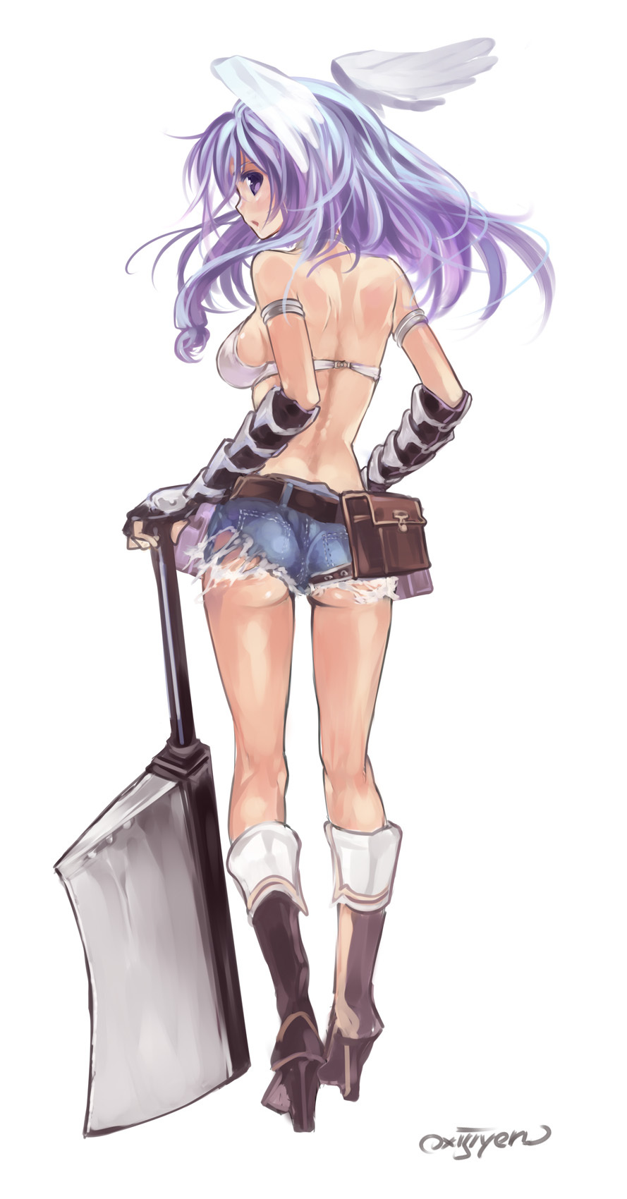 armband, ass, axe, back, bare_shoulders, breasts, bunny_ears, cutoffs