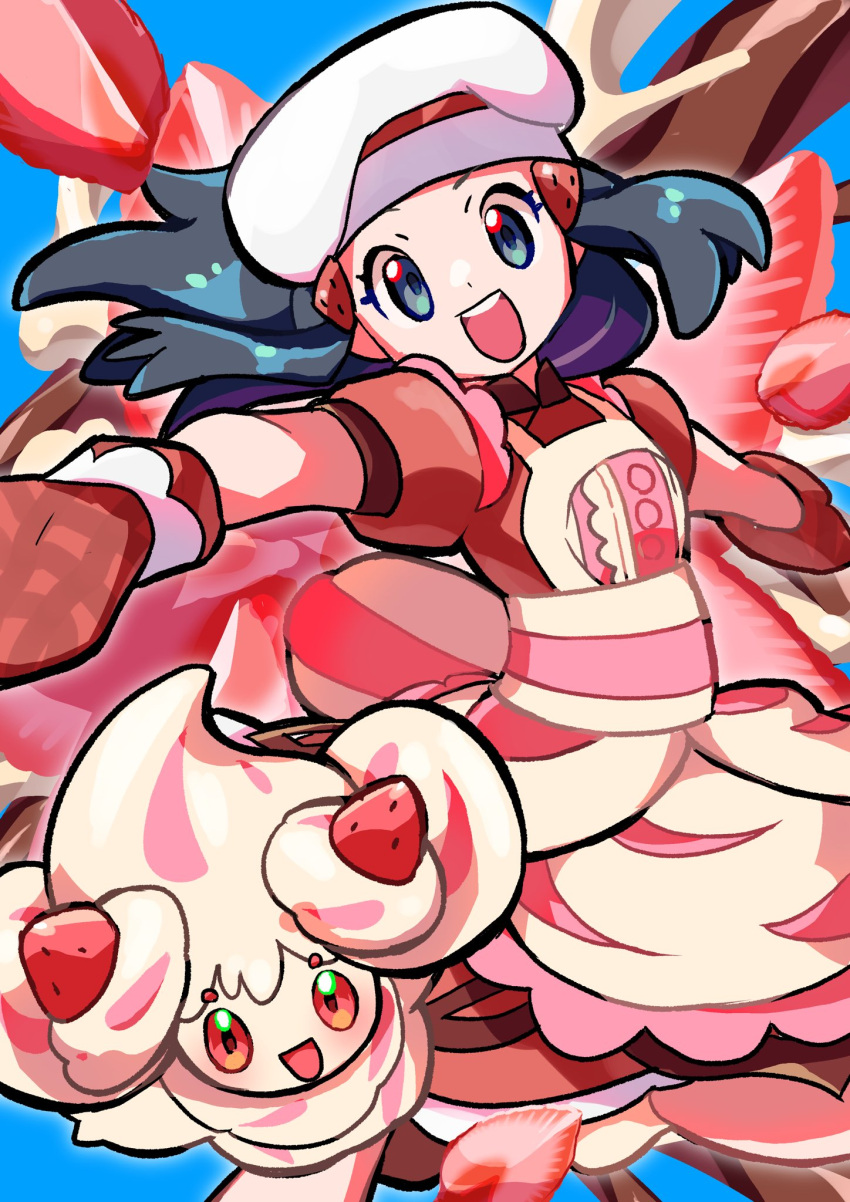1girl, alcremie, alcremie_(strawberry_sweet), apron, black_hair, chef_hat, dawn_(palentine's_2021)_(pokemon), dress