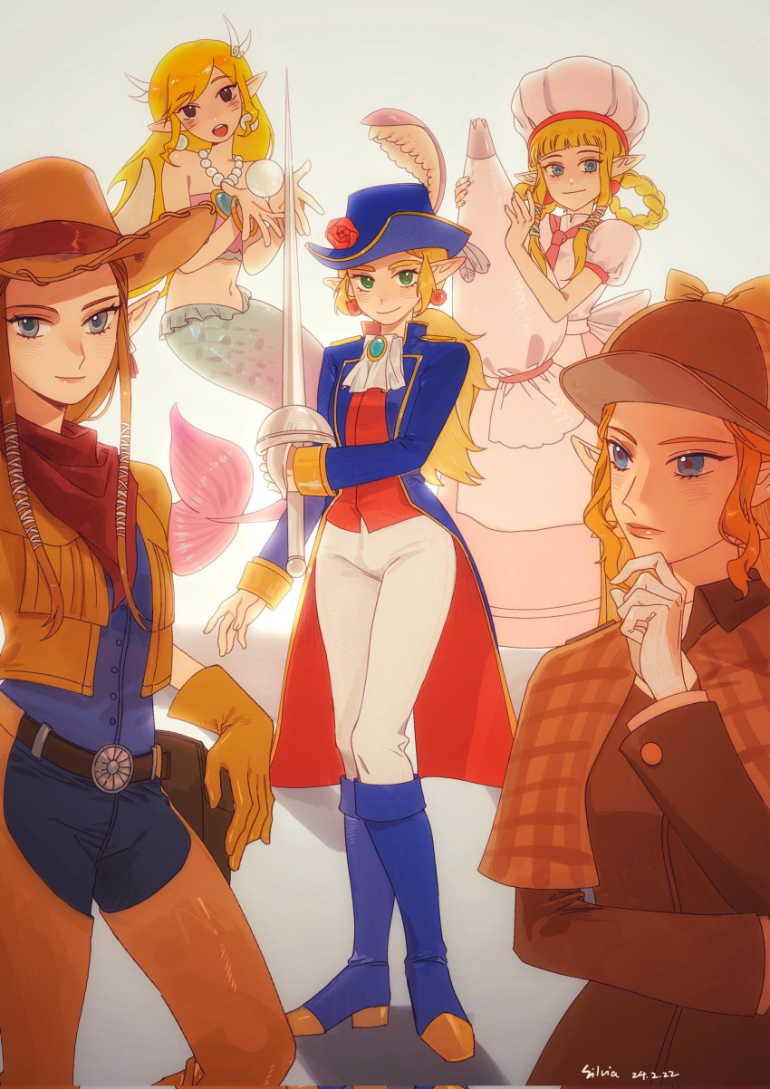 5girls, ascot, blonde_hair, brooch, brown_coat, brown_hair, brown_headwear, chaps