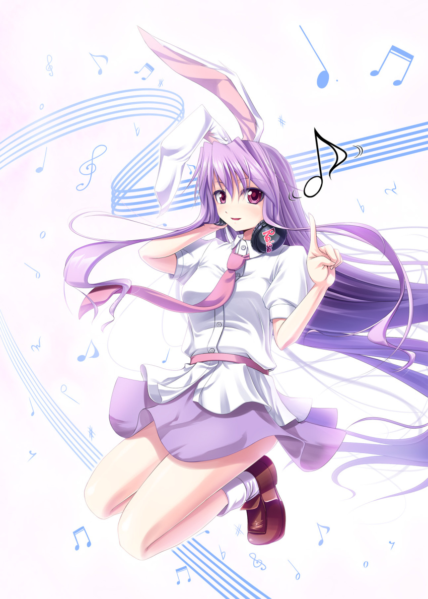 animal_ears, bunny_ears, headphones, highres, jumping, kuga_(rinkane), listening_to_music, long_hair, musical_note, musical_staff, necktie, pink_eyes, pointing, purple_hair, rabbit_ears, reisen_udongein_inaba, solo, staff_(music), touhou, treble_clef, very_long_hair