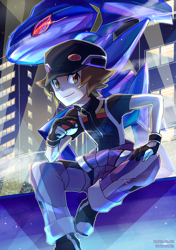 1boy, black_gloves, brown_eyes, brown_hair, building, cityscape, dated, genesect