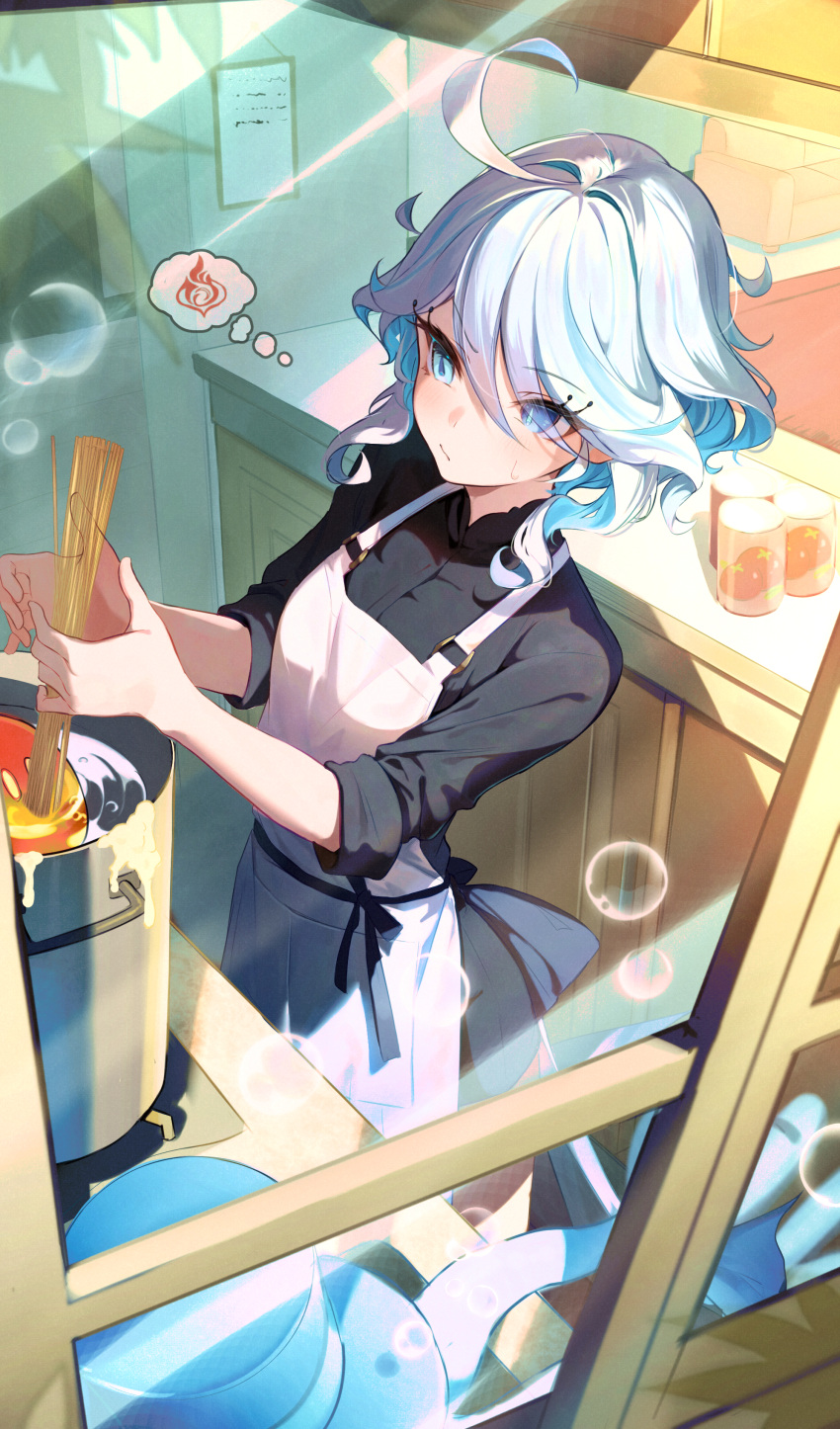 1girl, absurdres, ahoge, alternate_costume, apron, black_shirt, blue_eyes, blue_hair