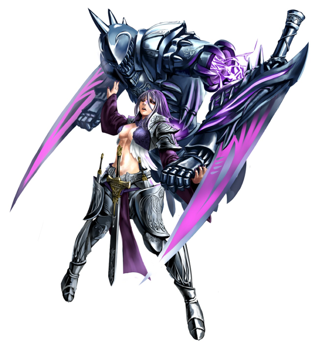 armor, breasts, center_opening, cleavage, dagger, electricity, fang, full_armor, knight, midriff, minoo, navel, original, purple_hair, simple_background, solo, sword, weapon