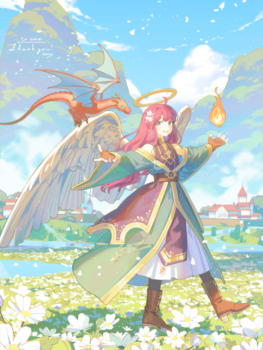 1boy, ahoge, angel, angel_wings, black_pantyhose, blue_eyes, blue_sky, boots, brown_footwear, brown_gloves, brown_tabard, cityscape, commentary, commission, day, earrings, ema3, english_commentary, english_text, falling_petals, feathered_wings, field, fingerless_gloves, fire, flower, flower_field, full_body, gloves, gold_trim, grass, green_robe, grin, hair_flower, hair_ornament, halo, high_heel_boots, high_heels, highres, jewelry, knee_boots, long_hair, long_skirt, long_sleeves, looking_at_creature, looking_at_viewer, looking_to_the_side, male_focus, mini_dragon, mountainous_horizon, necklace, original, otoko_no_ko, outdoors, outstretched_arms, pantyhose, petals, pyrokinesis, redhead, robe, skeb_commission, skirt, sky, skyline, smile, solo, spread_arms, standing, standing_on_one_leg, tabard, thank_you, village, white_flower, white_skirt, white_wings, wide_sleeves, wings, yellow_halo