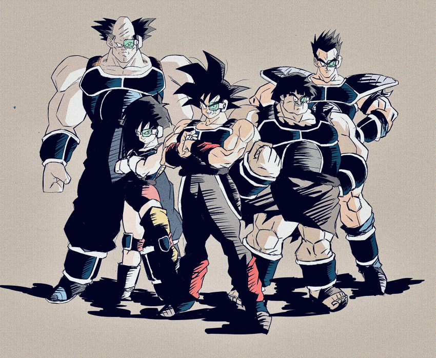 1girl, 4boys, armband, balding, bardock, black_eyes, black_hair, boots