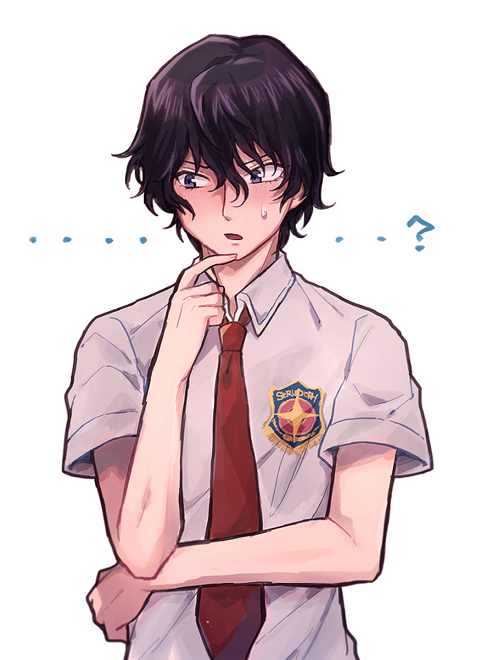 ...?, 1boy, black_hair, blush, chiimako, dress_shirt, furrowed_brow, hair_between_eyes