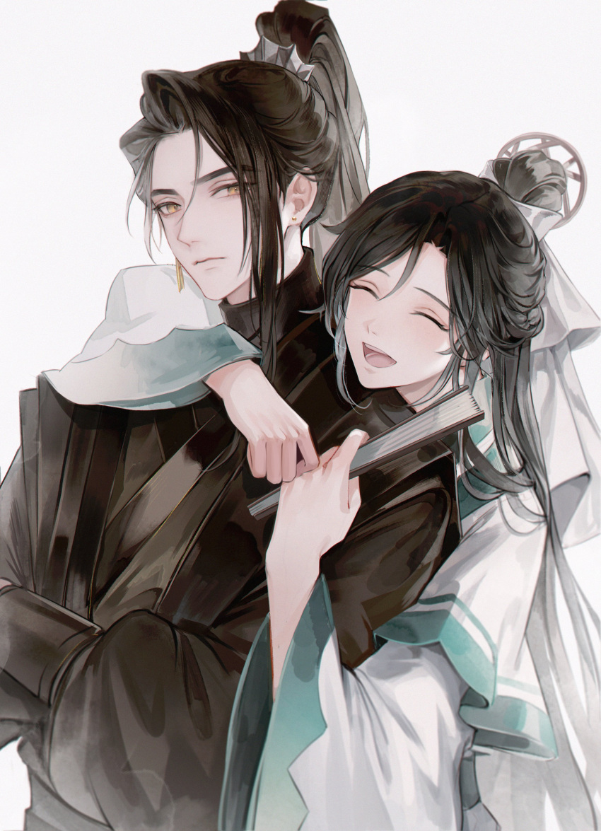 1boy, 1girl, absurdres, black_hair, black_hanfu, chinese_clothes, closed_eyes, crossed_arms