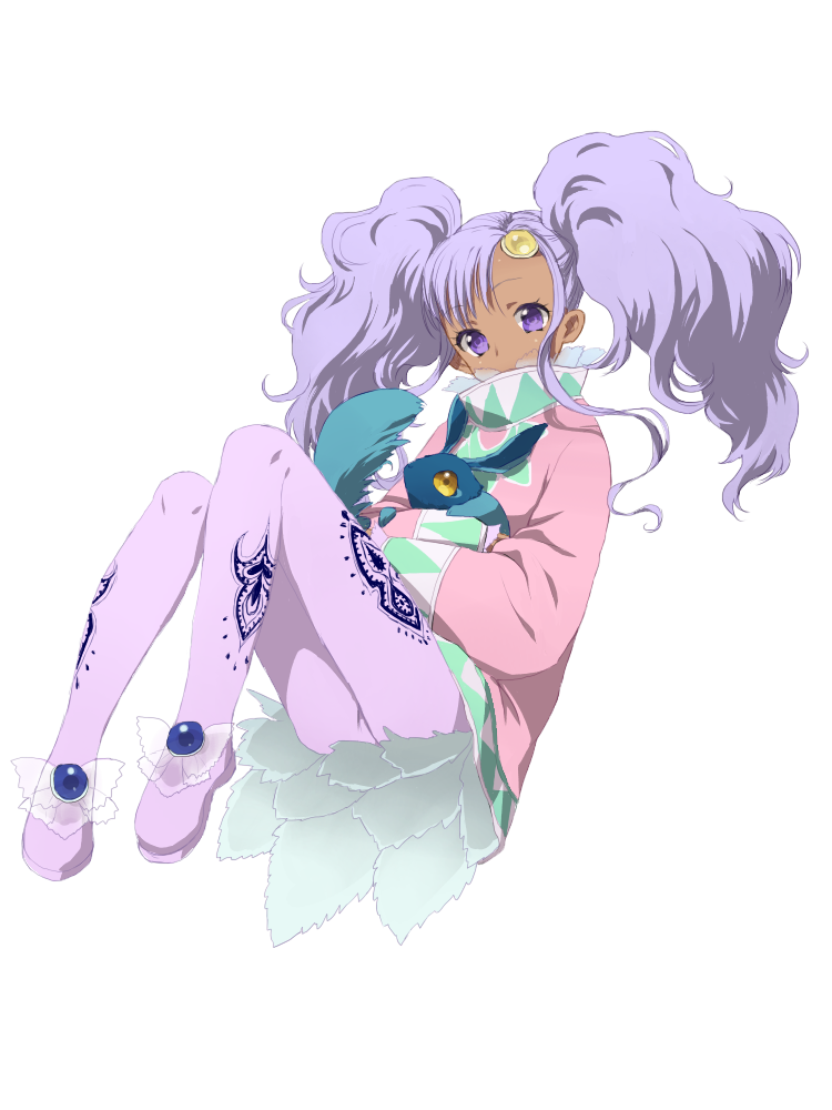 1girl, creature, dark-skinned_female, dark_skin, dress, full_body, long_hair, long_sleeves, looking_at_viewer, meredy_(tales), murata_tefu, pantyhose, purple_hair, purple_pantyhose, quickie_(tales), simple_background, solo, tales_of_(series), tales_of_eternia, twintails, violet_eyes, white_background
