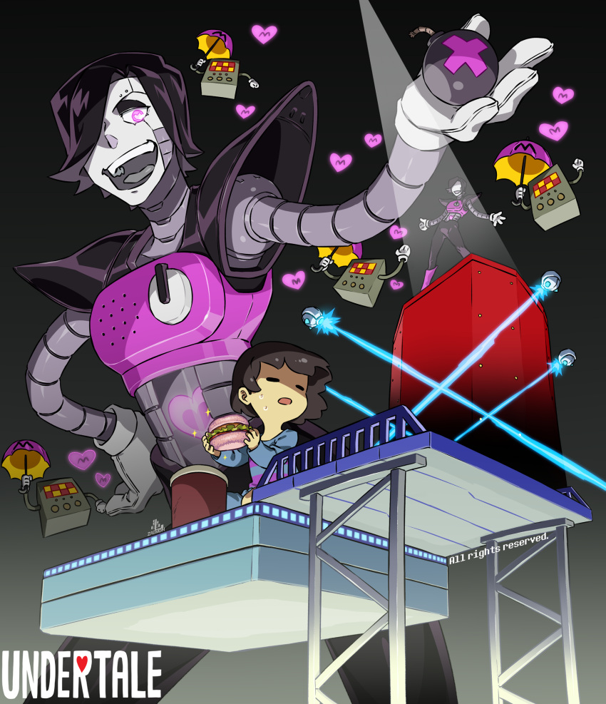 1other, 2boys, :o, =_=, androgynous, black_background, black_hair, bomb