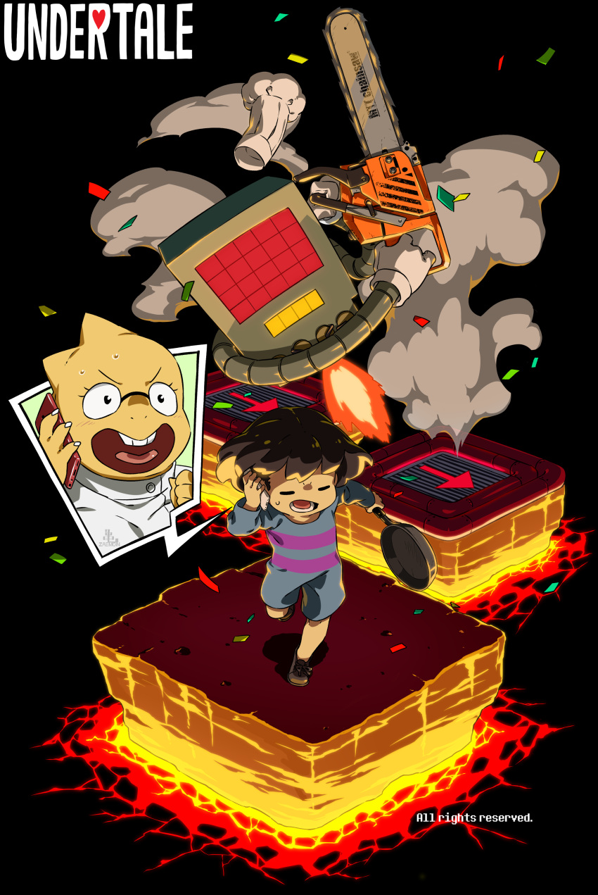 1girl, 1other, =_=, absurdres, alphys, androgynous, arrow_(symbol), black_background